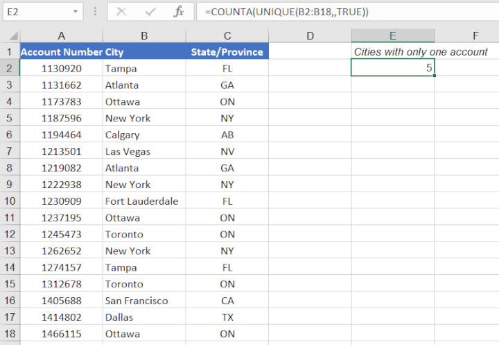 Count unique values Excel - numerical count