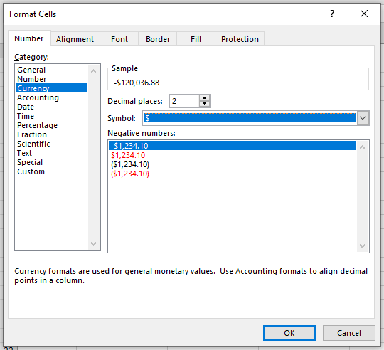 Excel currency format