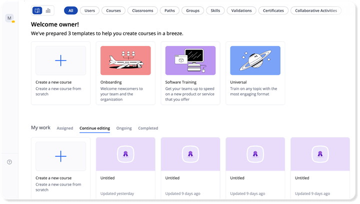LXP UI example featuring the welcome page of 360Learning