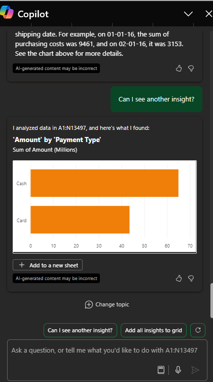 Copilot Excel prompt for Data visualization and insights