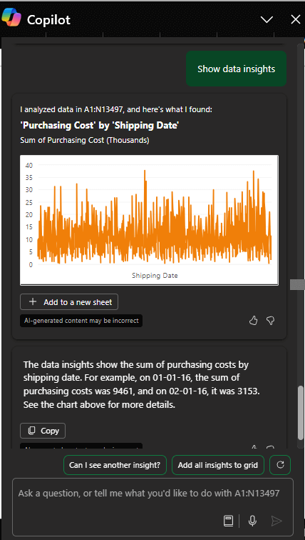 Copilot Excel prompt for Data visualization and insights