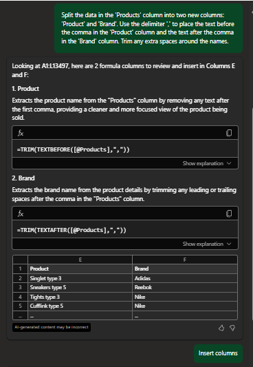 copilot excel prompt Split columns with ease