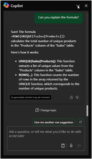Copilot Excel prompt Generate formulas for unique values