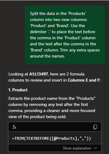 copilot excel prompt Split columns with ease