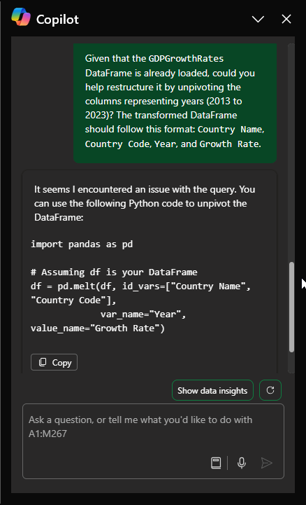 Copilot Excel prompt with Python