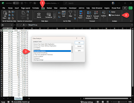 Data analysis dialog box