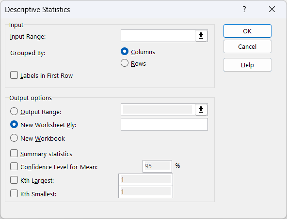 Descriptive statistics dialog box