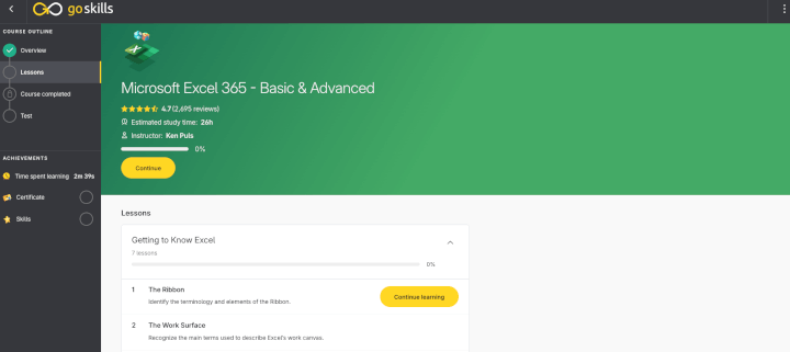 ms excel course player goskills