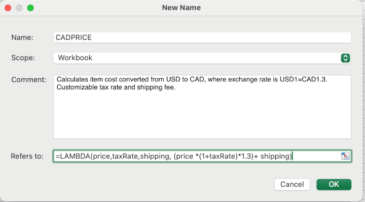 Excel LAMBDA in Name Manager