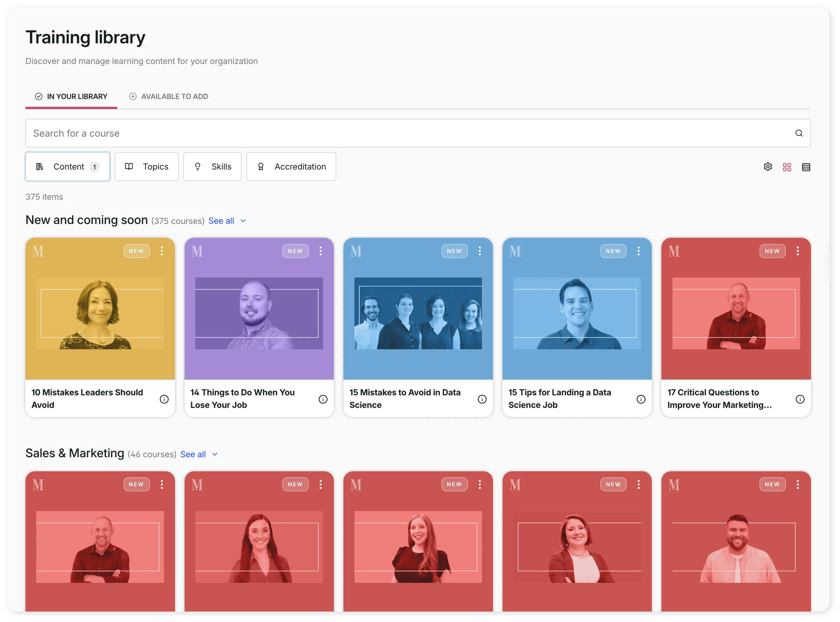 GoSkills training library showing new Madecraft courses in different categories.