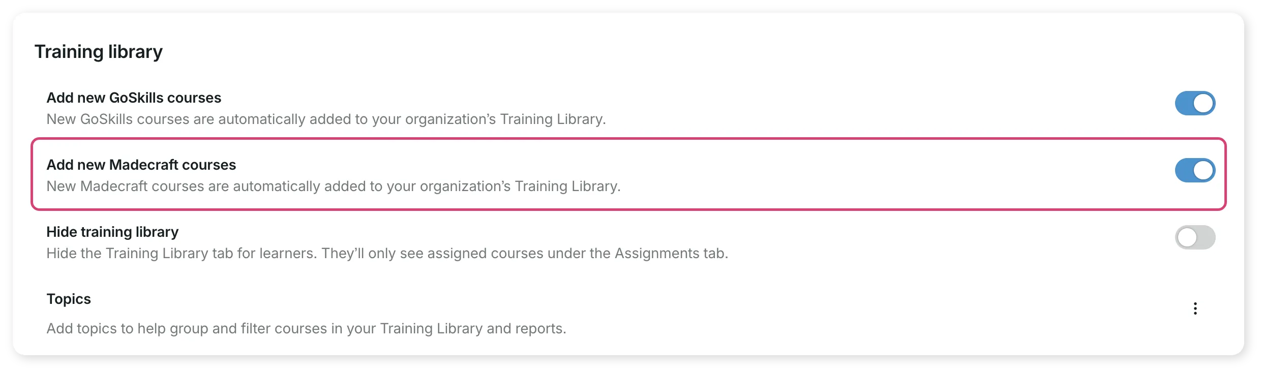 Admin settings toggle for automatically adding new Madecraft courses.