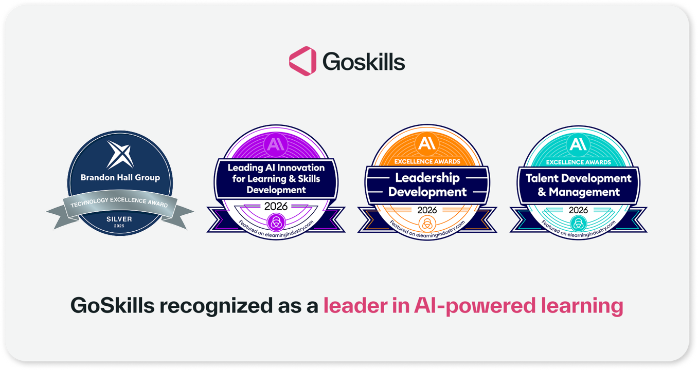 GoSkills award badges from Brandon Hall Group Technology Excellence Award Silver 2025, eLearning Industry Leading AI Innovation for Learning & Skills Development 2026, AI Excellence Award for Leadership Development 2026, and AI Excellence Award for Talent Development & Management 2026.