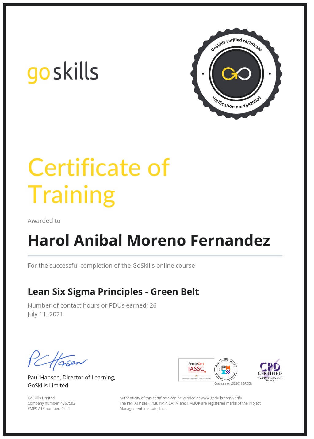 Certificate of Training