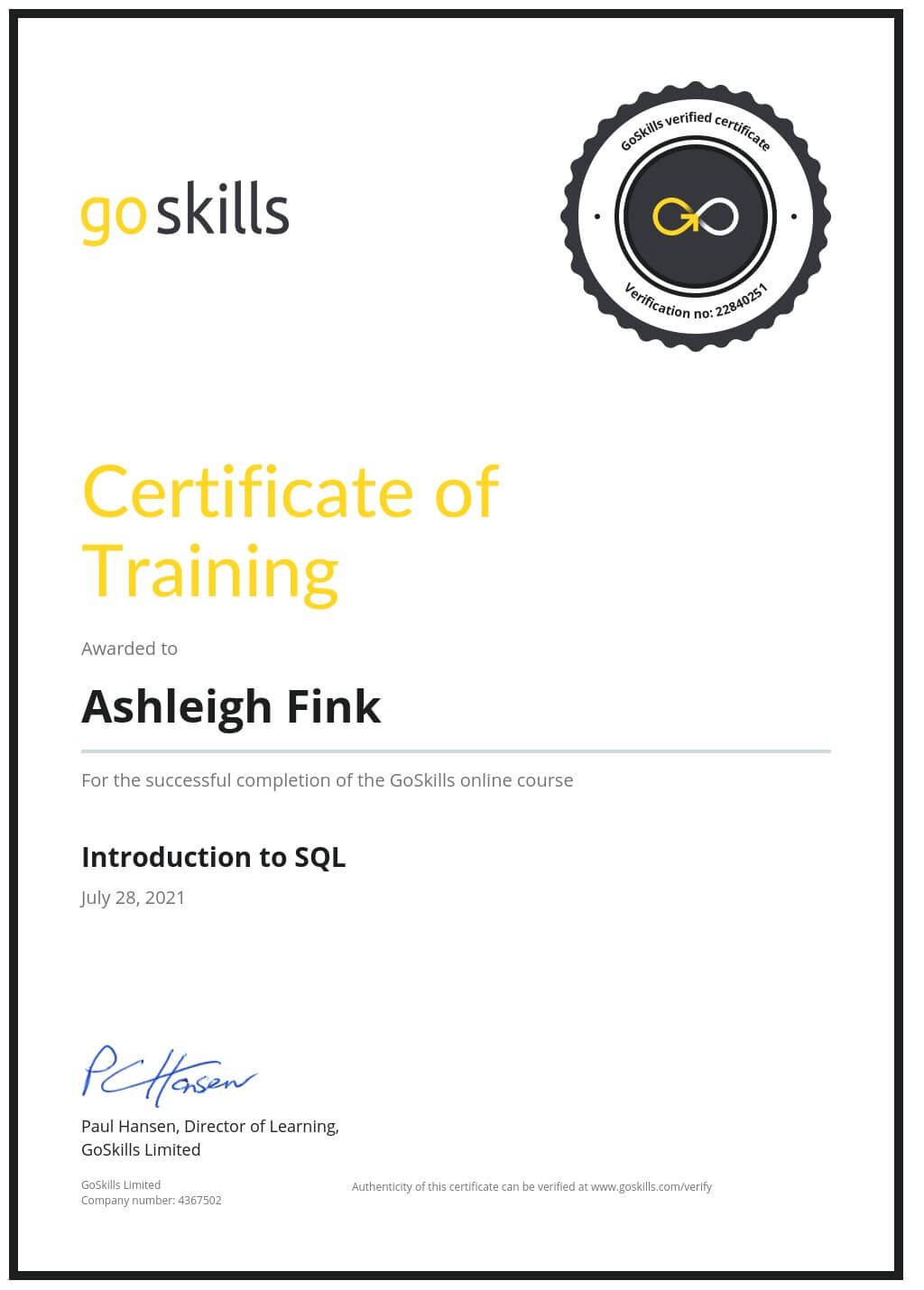 Certificate of Training