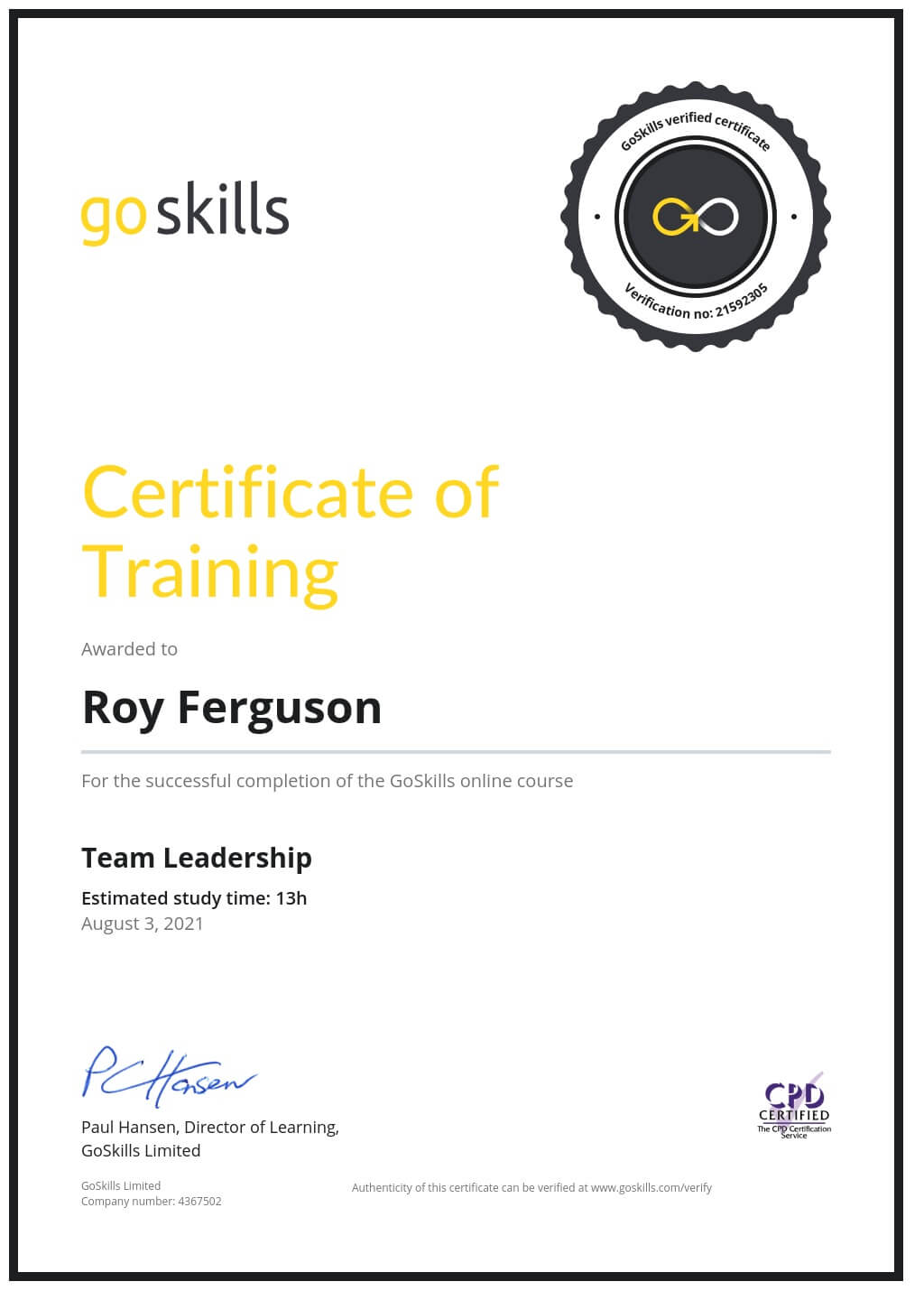 Certificate of Training