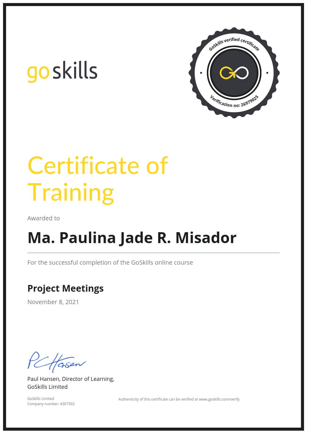 Certificate of Training
