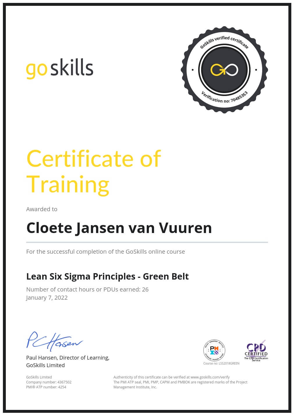 Certificate of Training