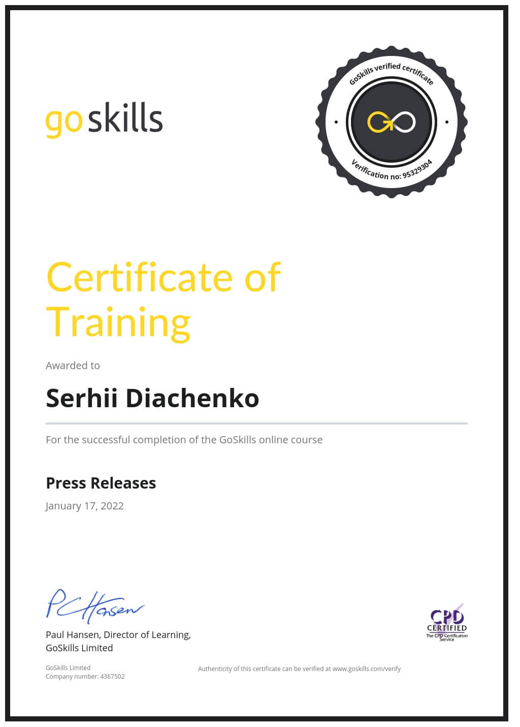 Certificate of Training