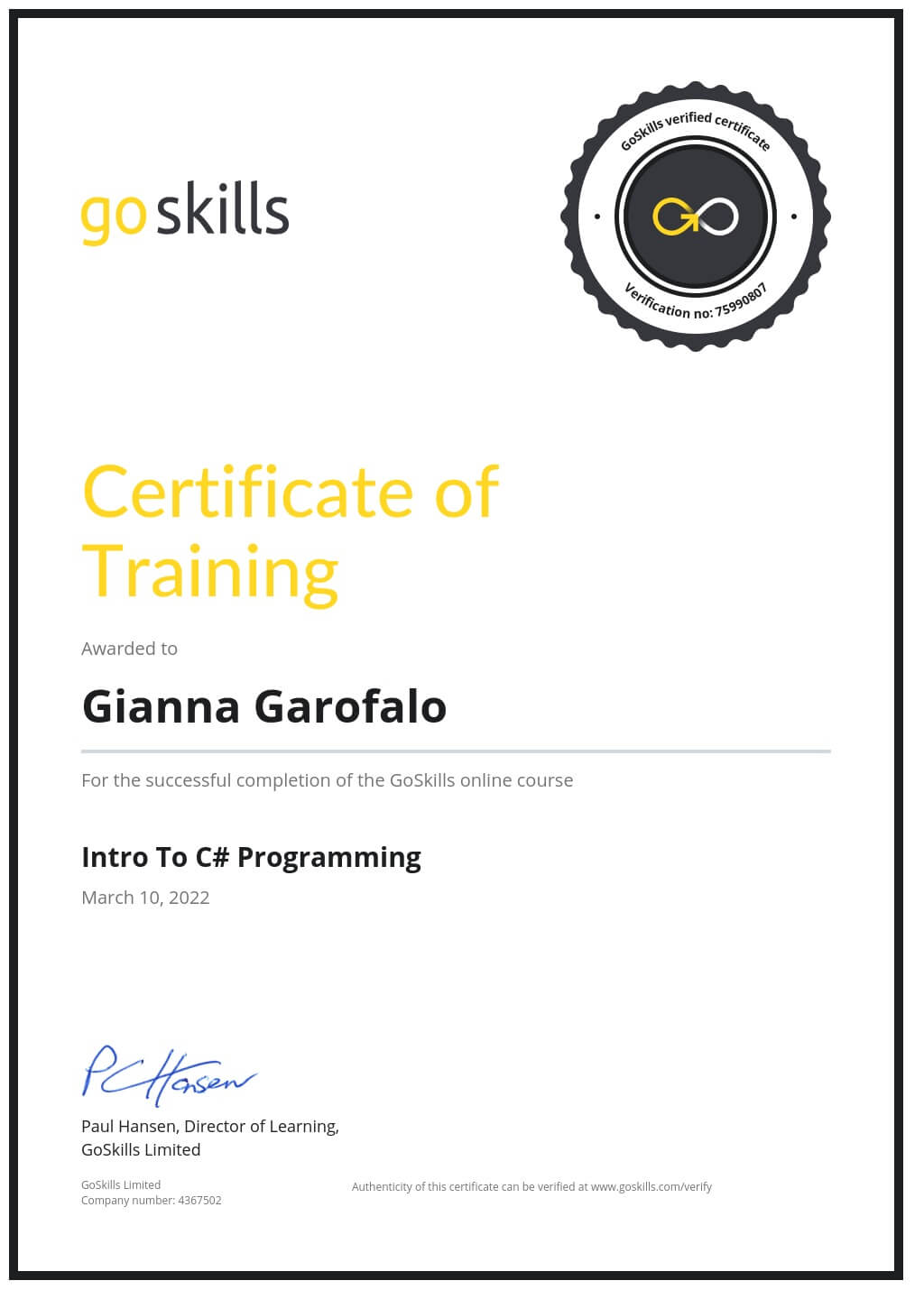 Certificate of Training