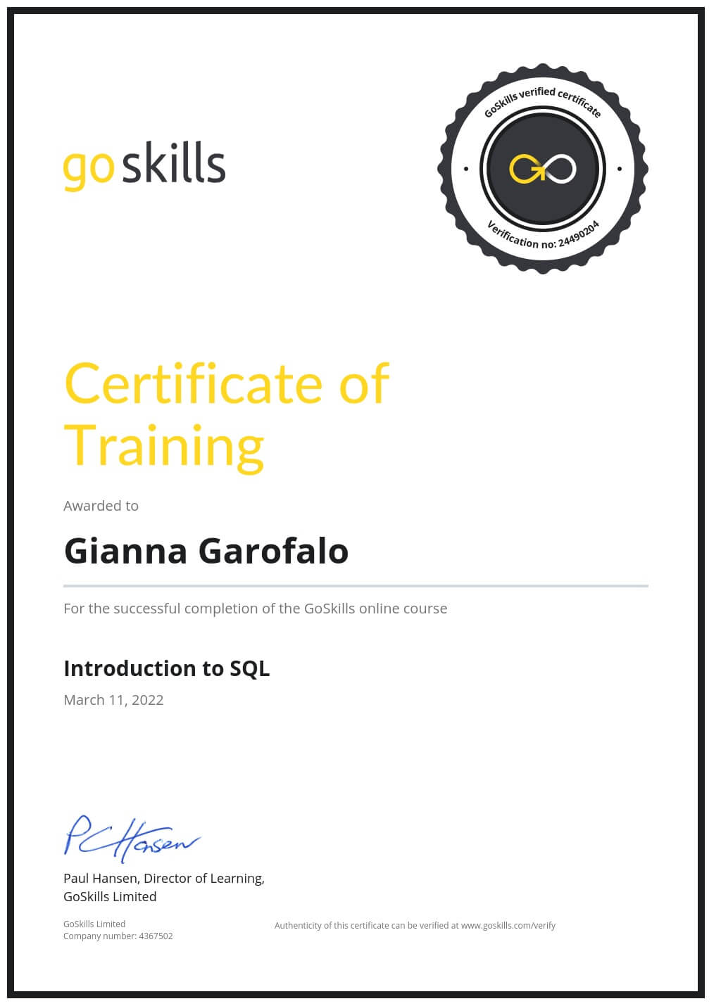 Certificate of Training