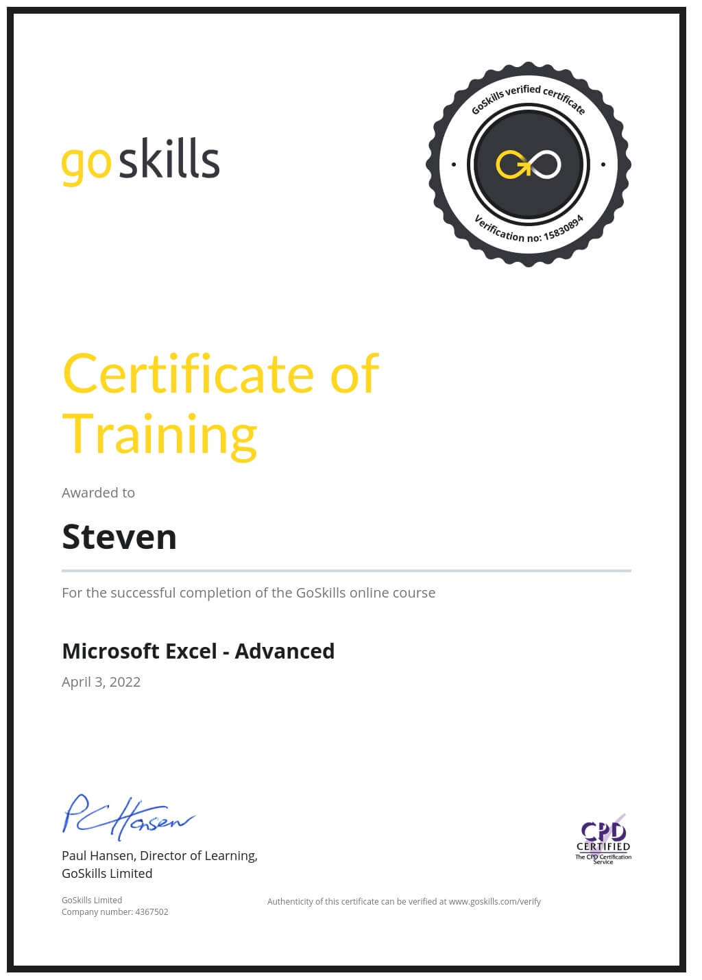 Certificate of Training