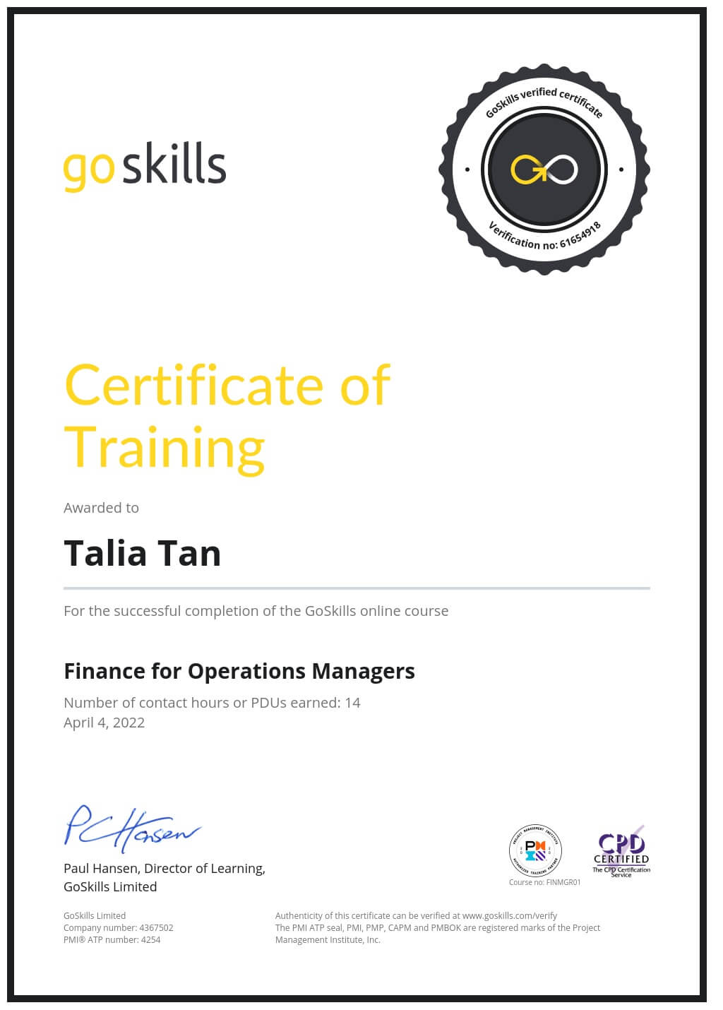 Certificate of Training