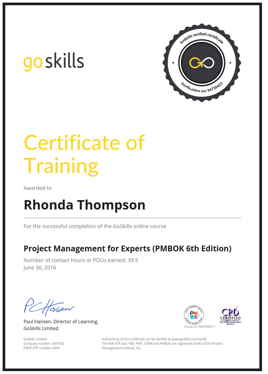 Certificate of Training