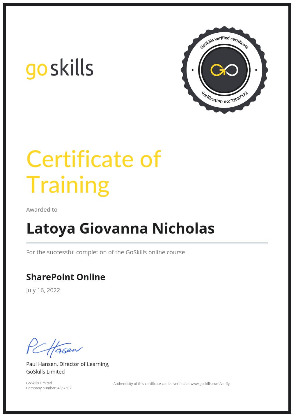 Certificate of Training