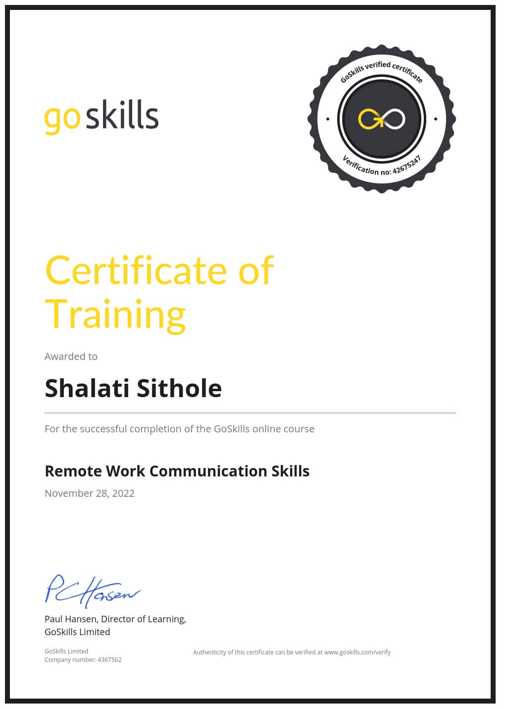 Certificate of Training