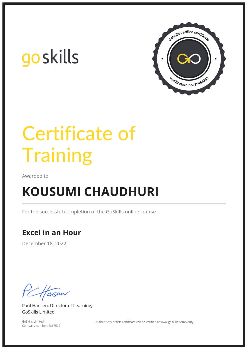 Certificate of Training