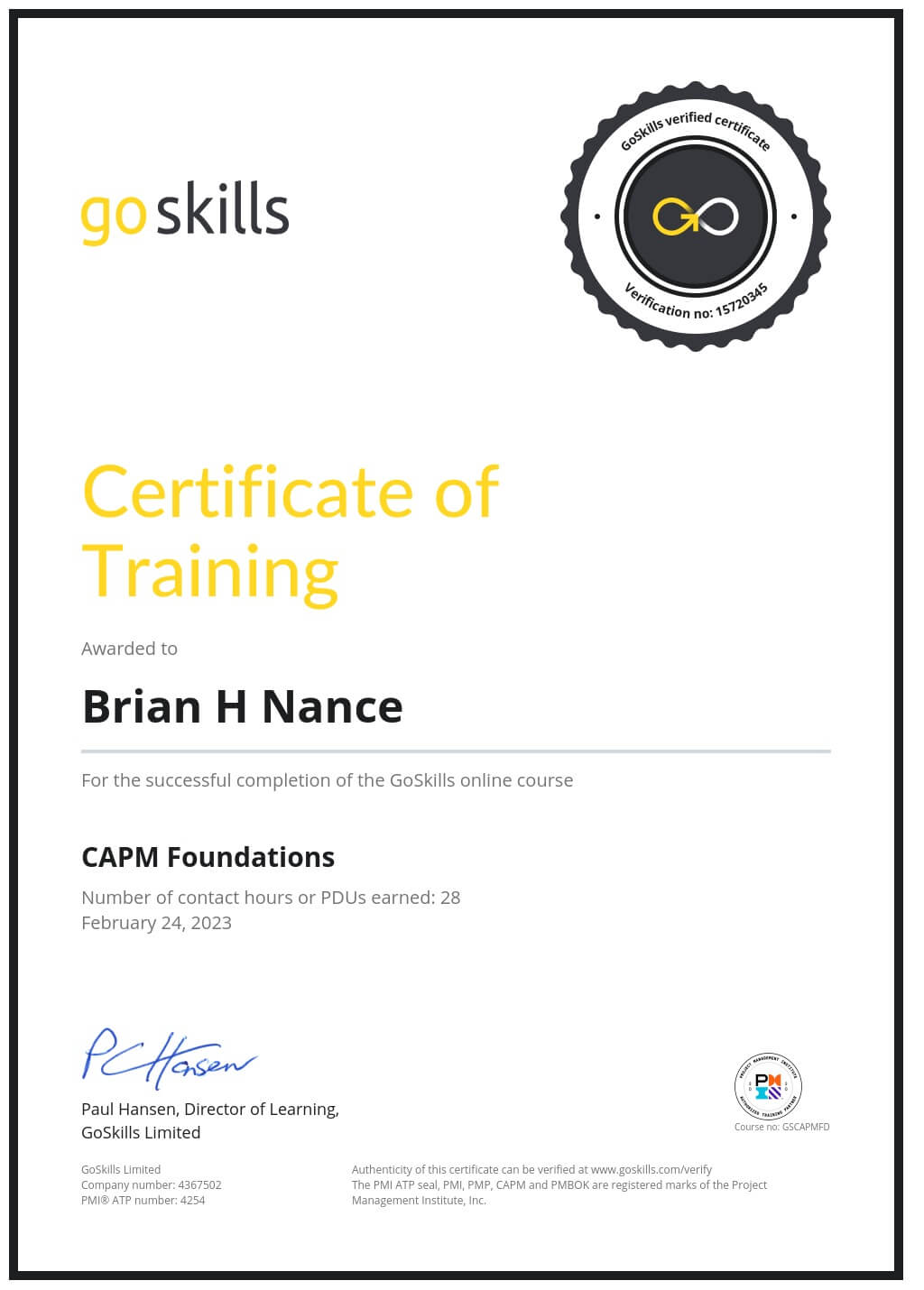 Certificate of Training