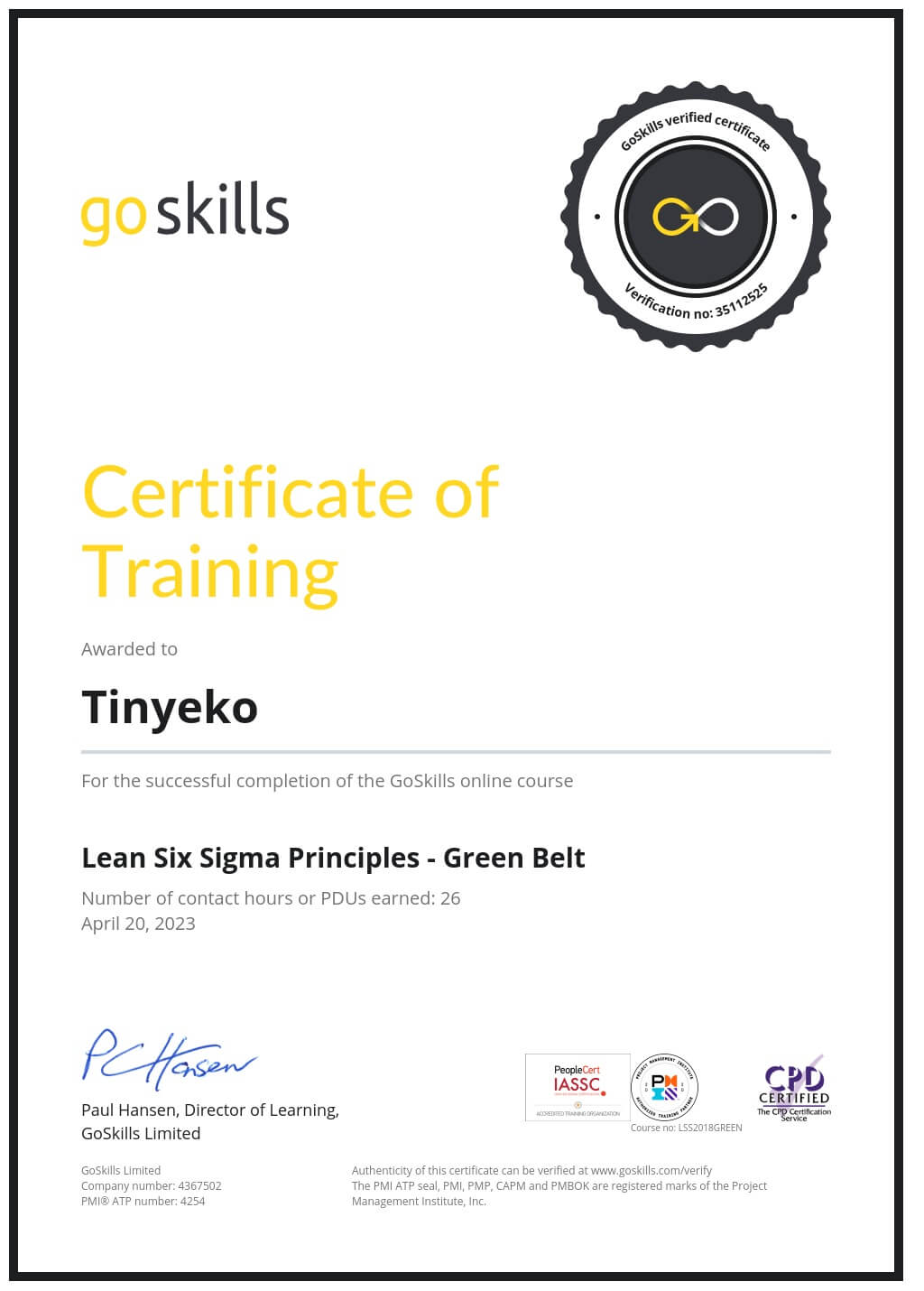 Certificate of Training