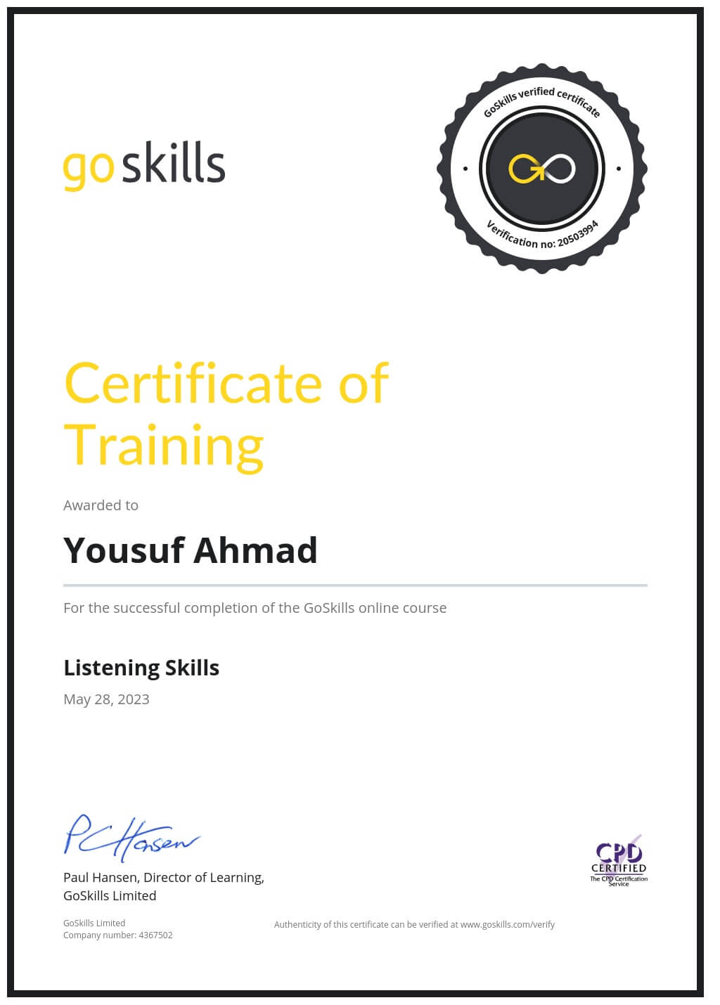 Certificate of Training