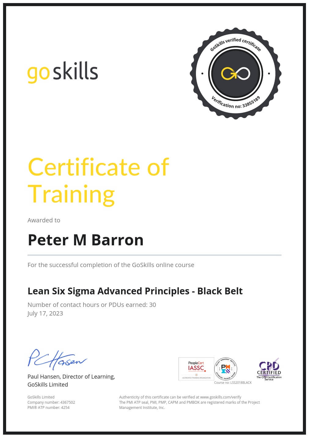 Certificate of Training