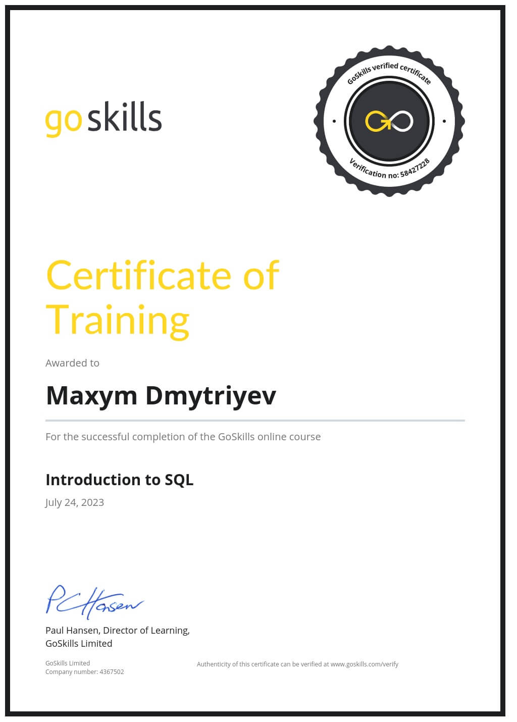 Certificate of Training
