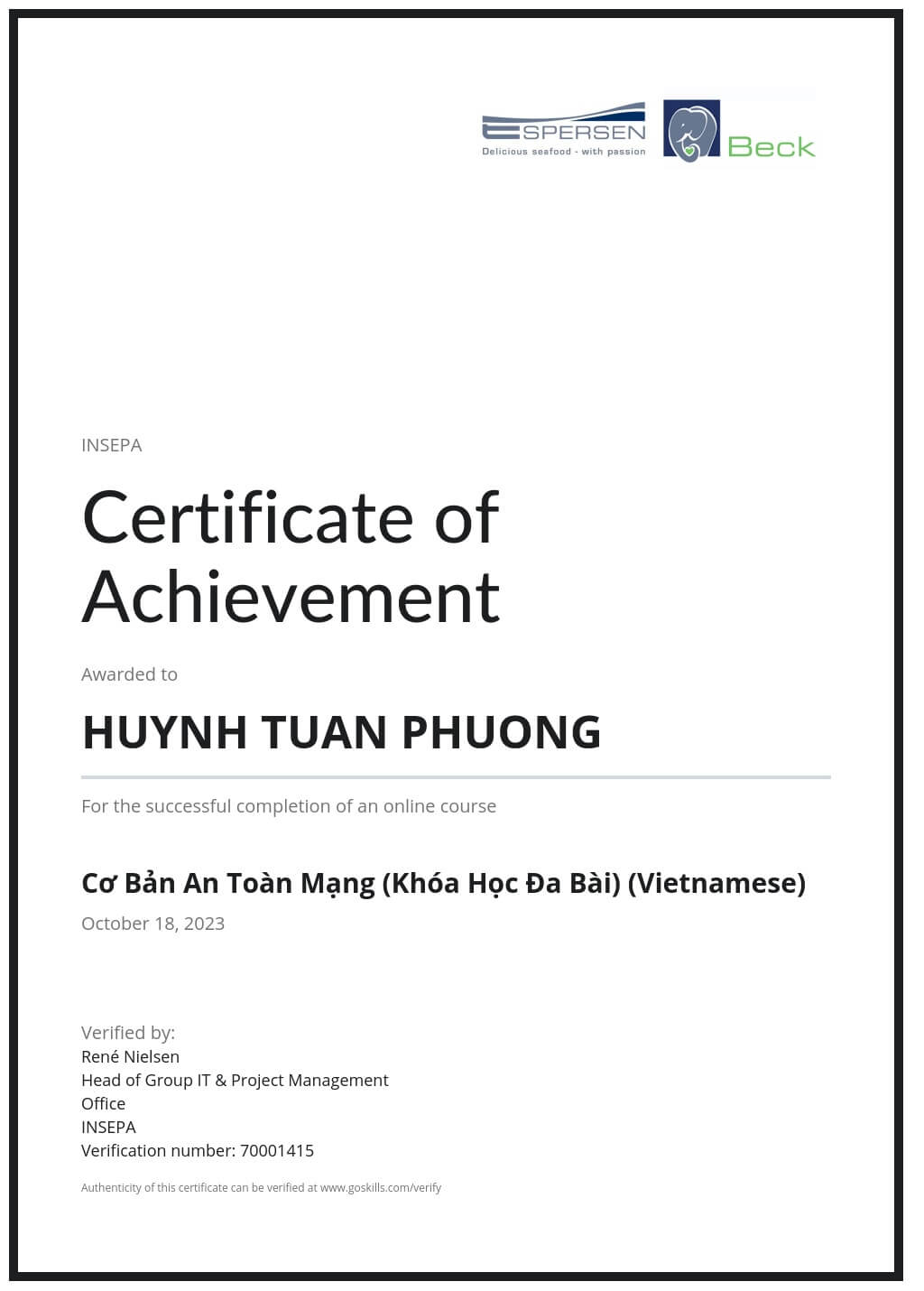 Certificate of Training