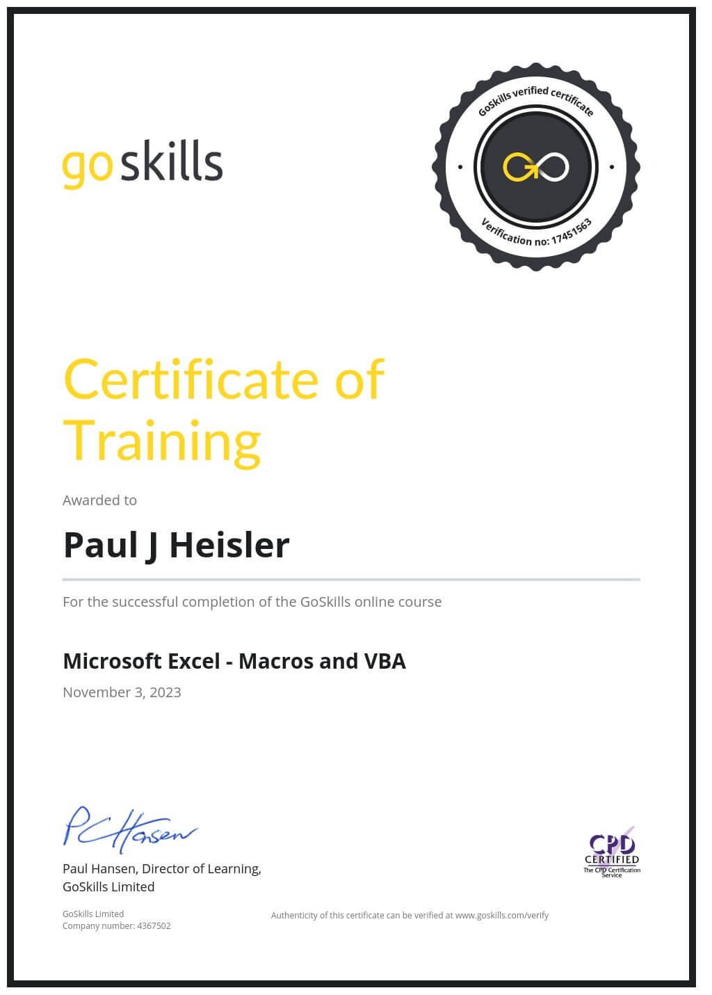 Certificate of Training