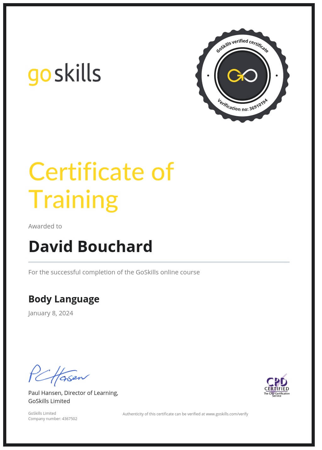 Certificate of Training