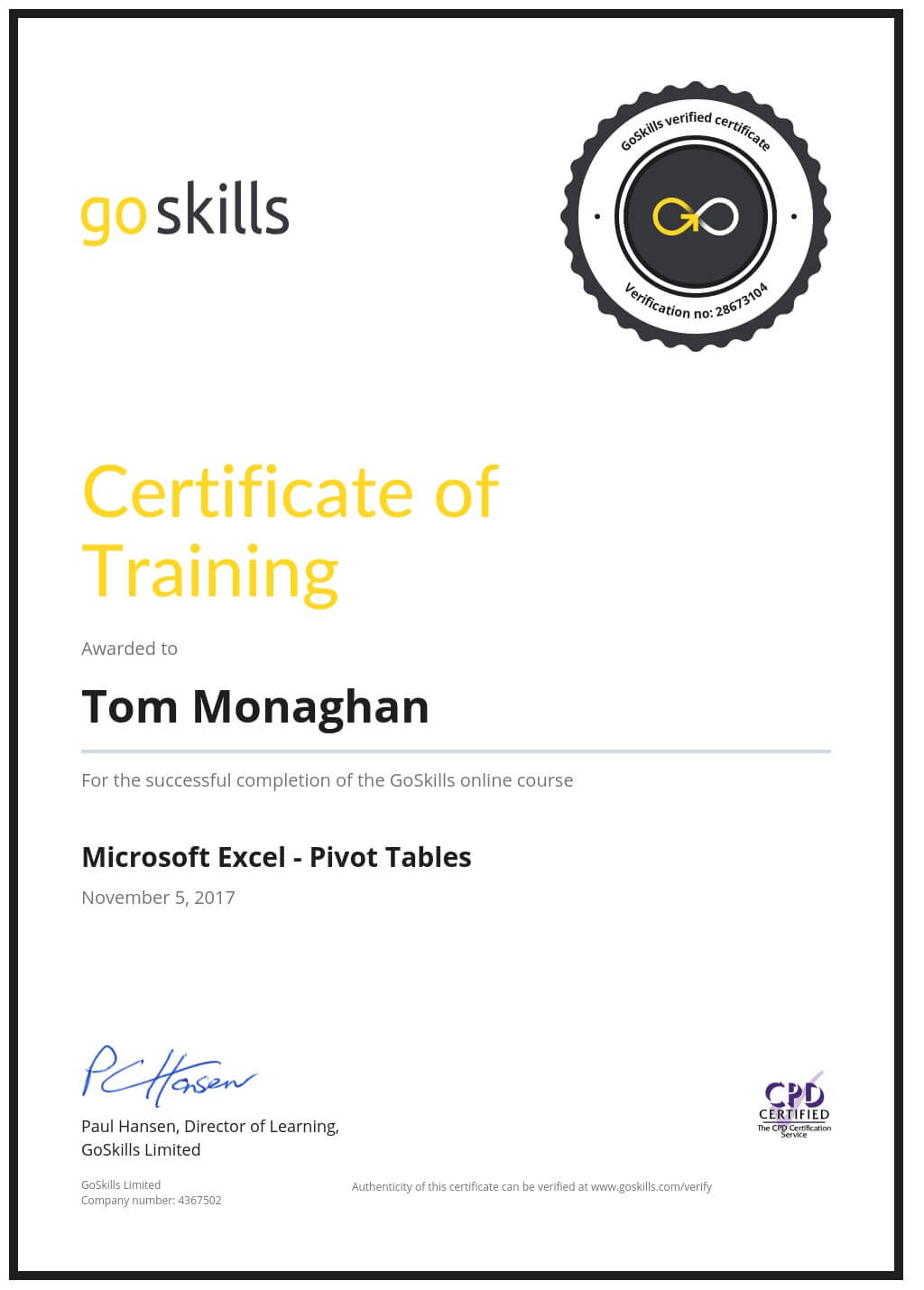 Certificate of Training