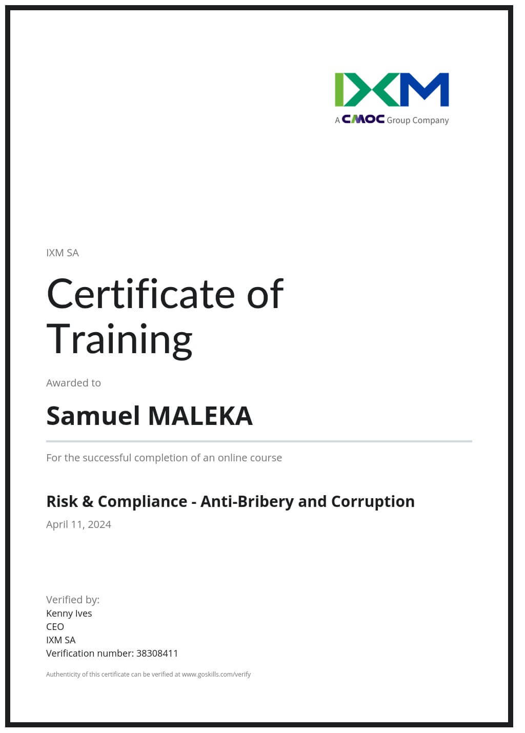 Certificate of Training