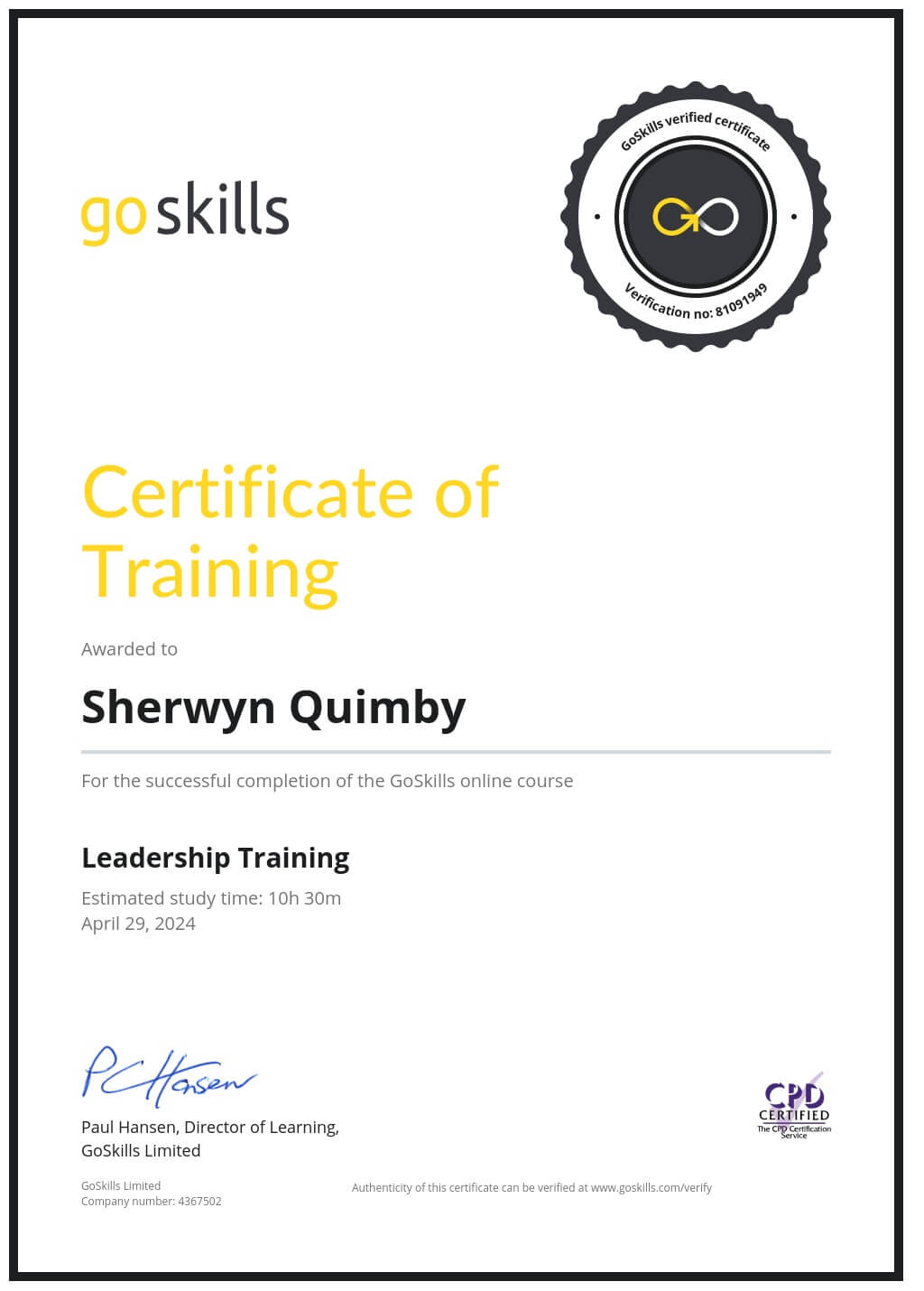 Certificate of Training