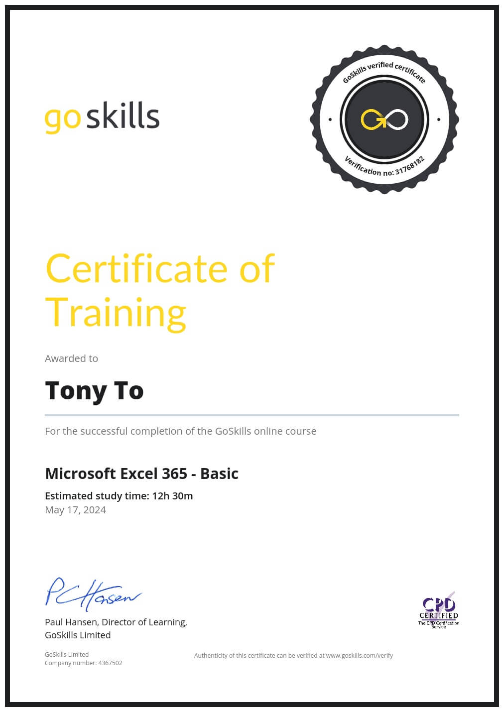 Certificate of Training
