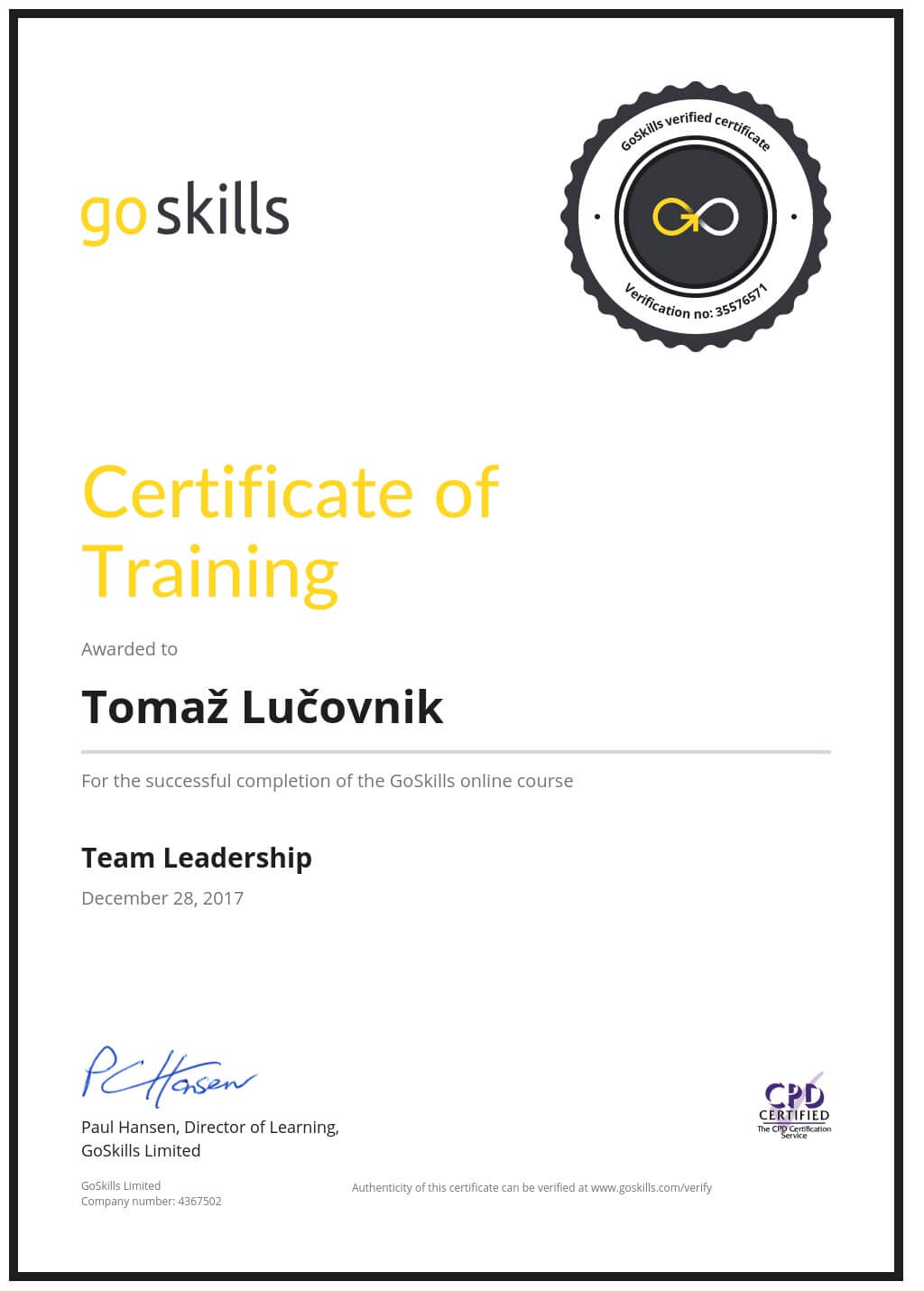 Certificate of Training