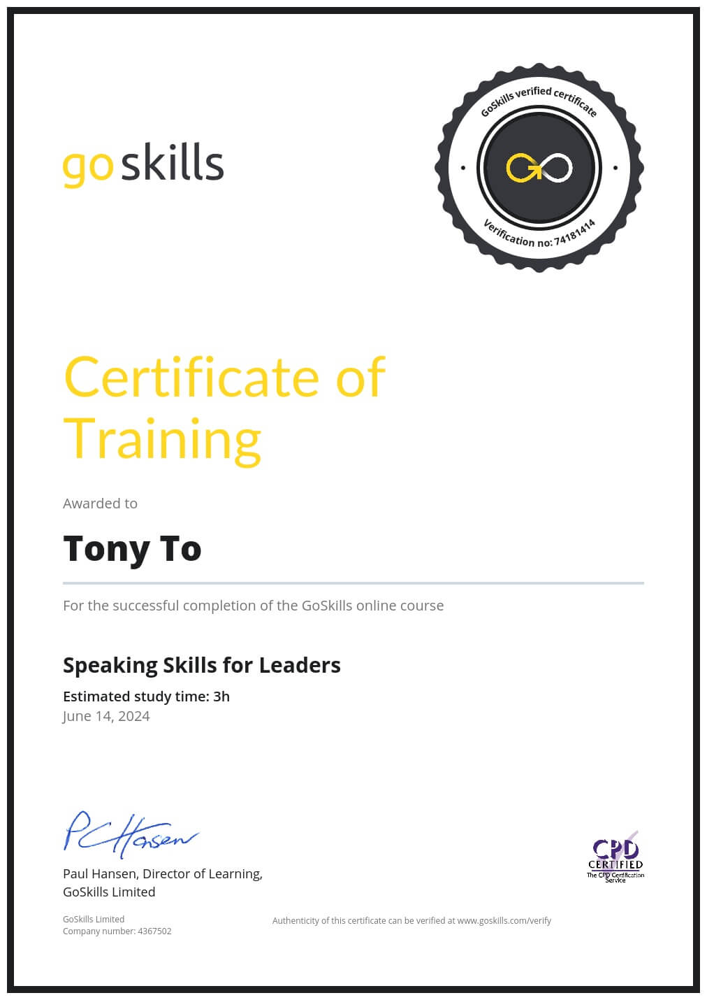 Certificate of Training