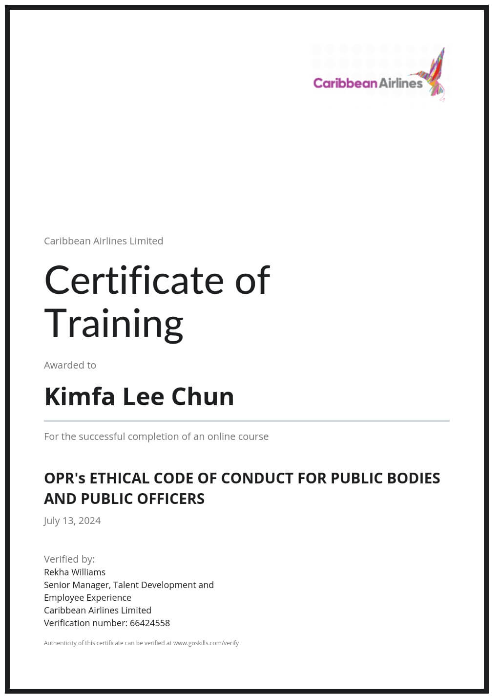 Certificate of Training