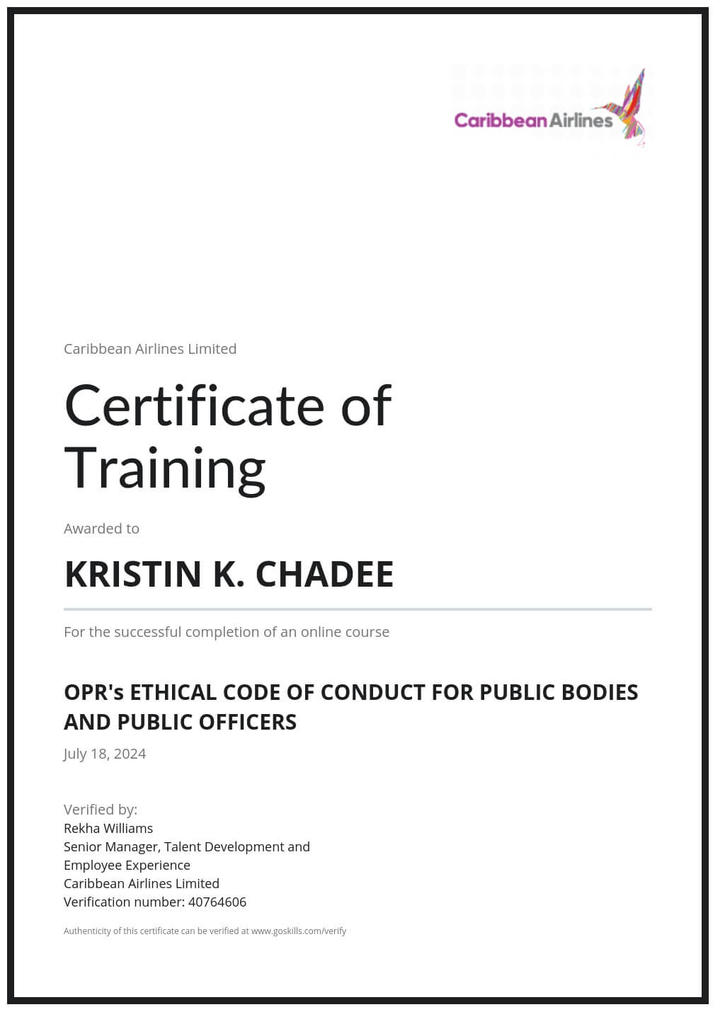 Certificate of Training
