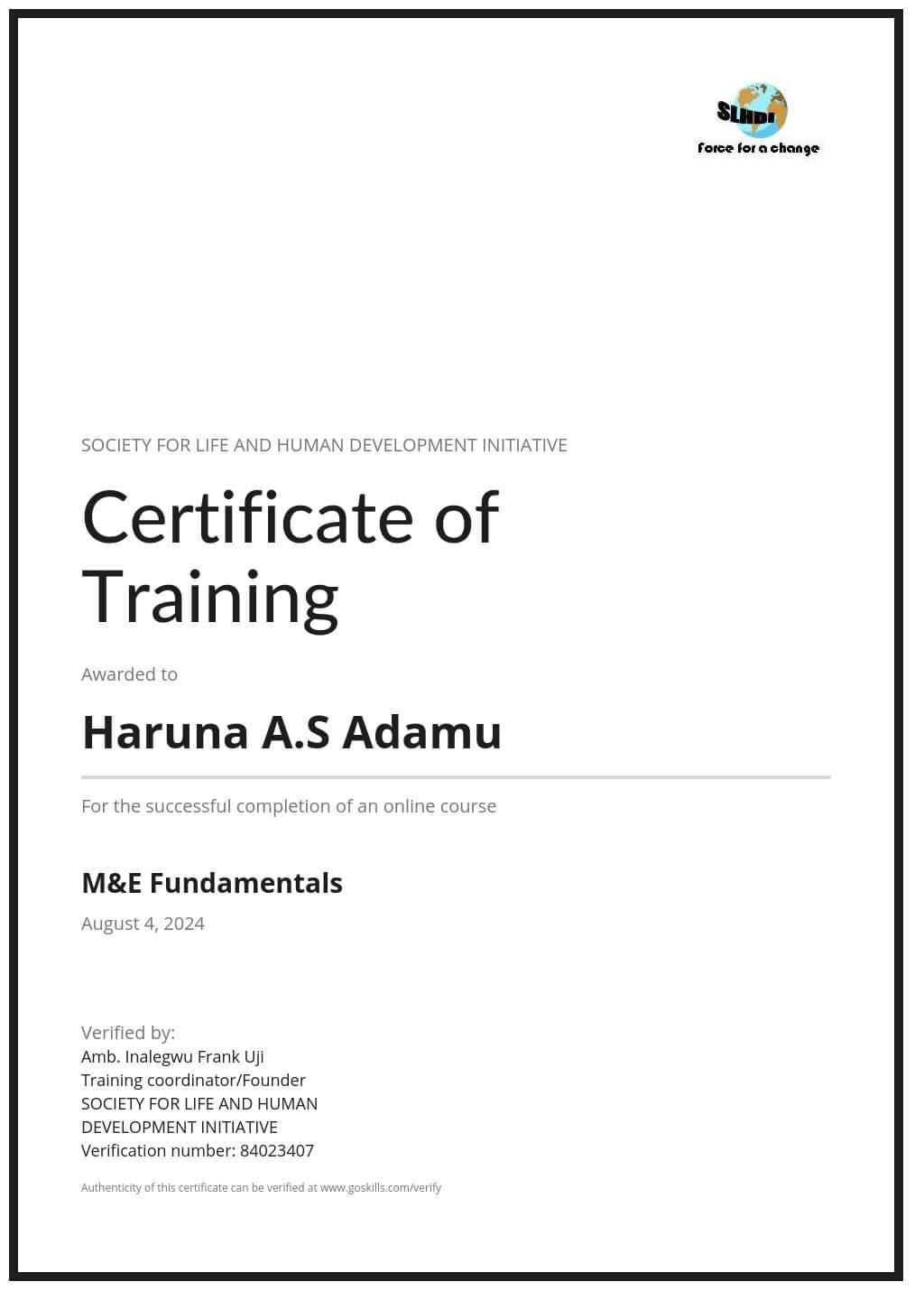 Certificate of Training