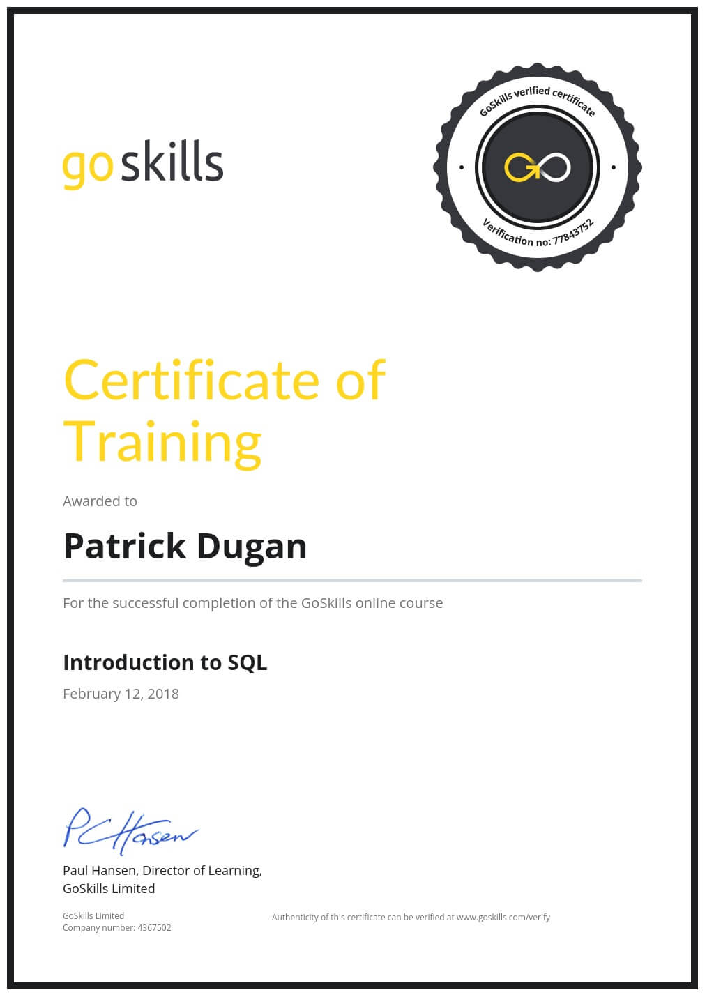 Certificate of Training