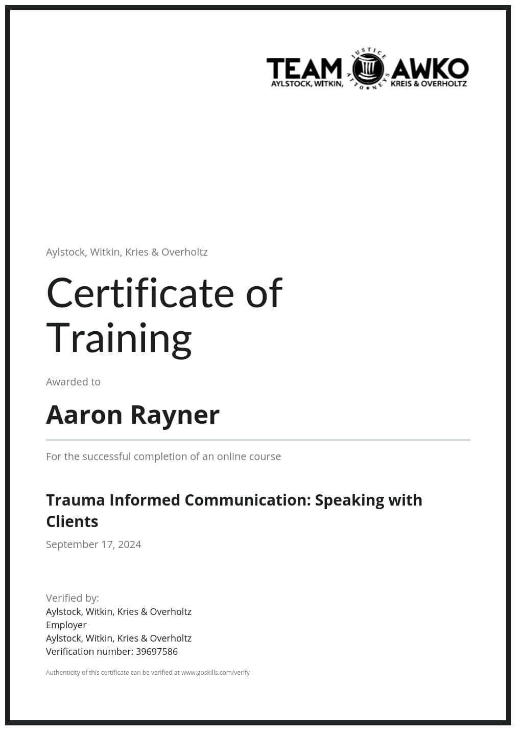 Certificate of Training
