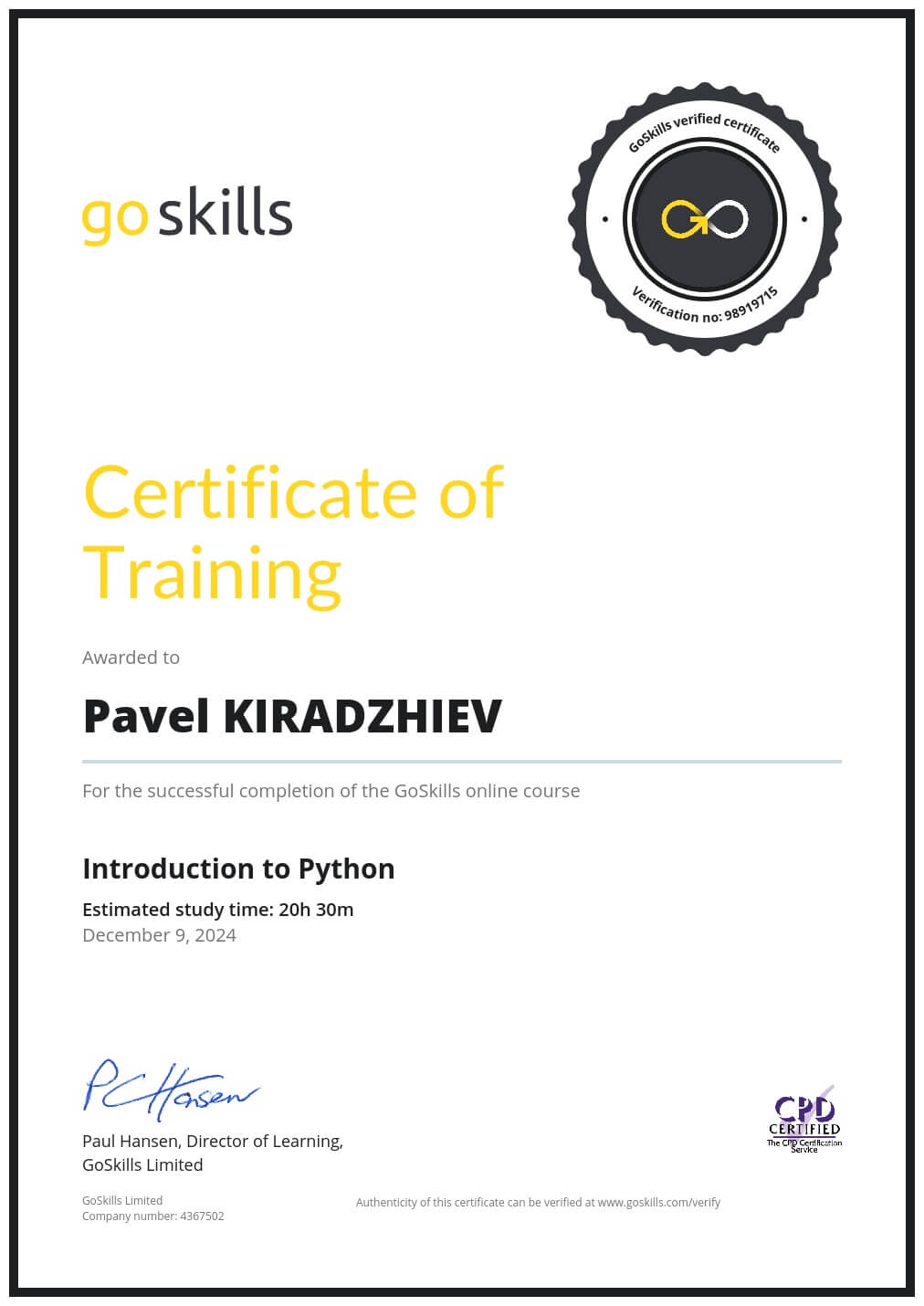 Certificate of Training